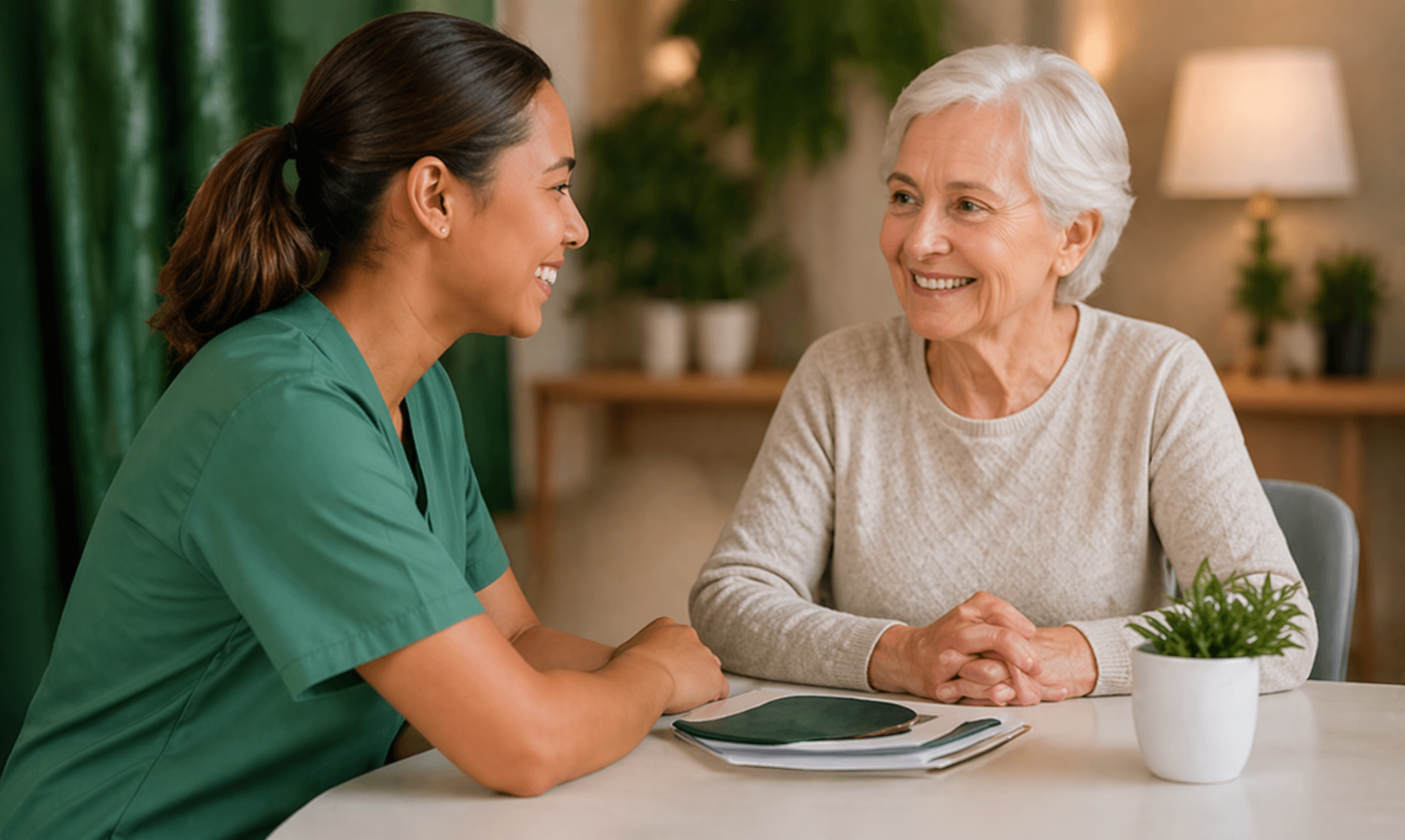 Caregiver spending time with senior at home
